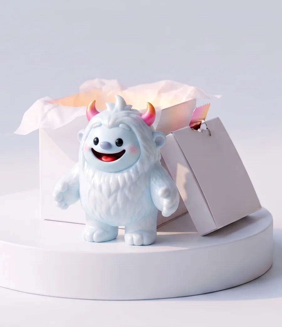 Yeti, the Yetivate vinyl figure, standing beside his open box